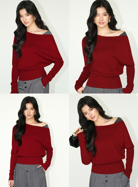 NEVA HU 【现货7折】斜肩撞色拼接套头针织衫女设计毛衣气质上衣