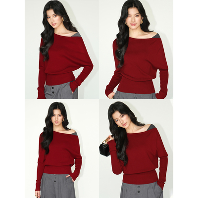 斜肩撞色拼接针织女毛衣气质上衣