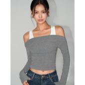 假两件一字肩上衣女秋季 设计感小众修身 NEVA 打底针织长袖 T恤