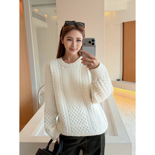 NEVA HU 济州橙酒 绞花圆领套头针织上衣女复古宽松软糯麻花毛衣