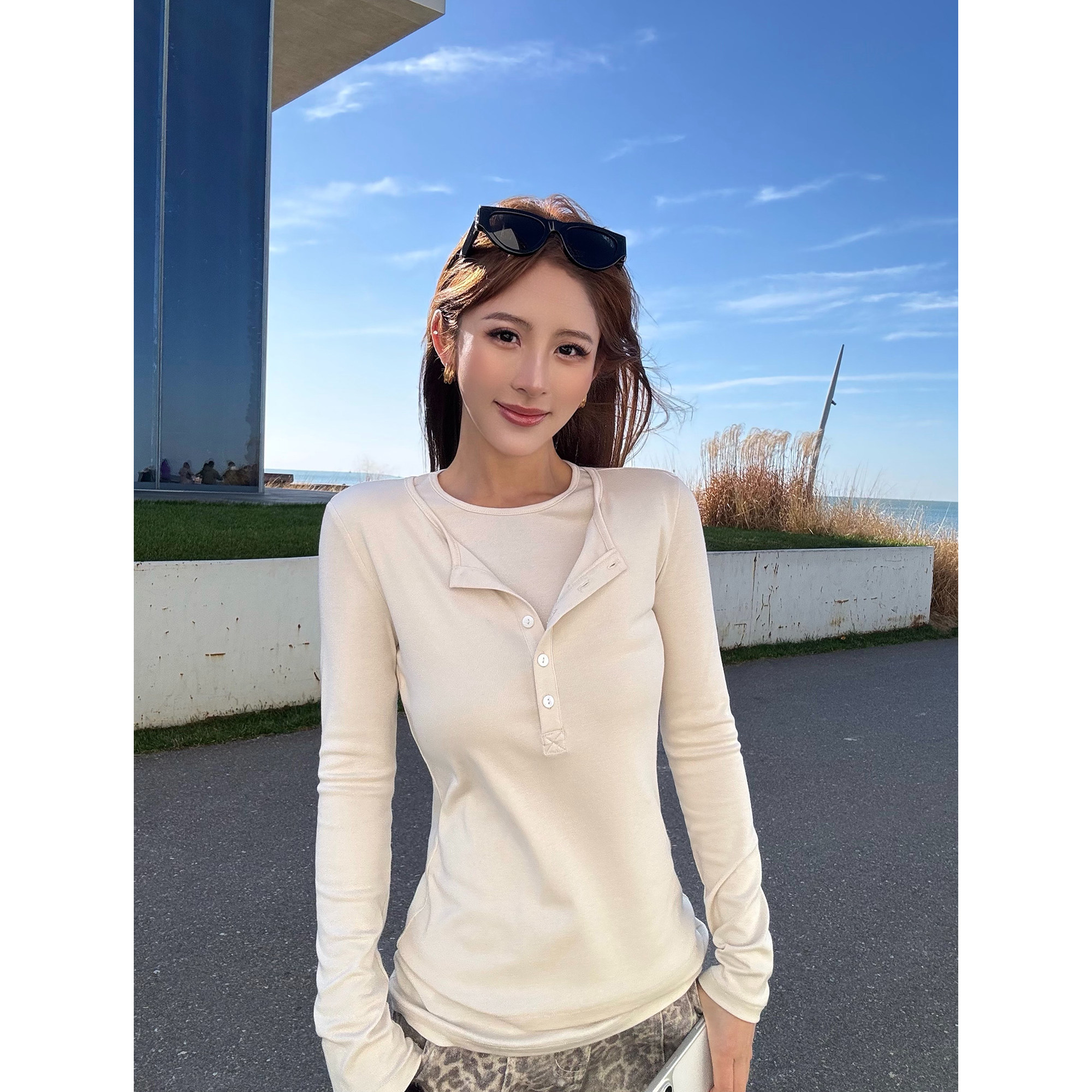 NEVA HU 重叠配方 假两件长袖针织衫女设计感收腰百搭打底衫上衣