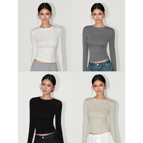 NEVA HU 半糖摩卡 白色圆领长袖t恤女修身内搭显瘦针织打底衫上衣