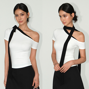 斜领露肩短袖 解锁N种穿搭 T恤女设计感收腰气质针织上衣 NEVA