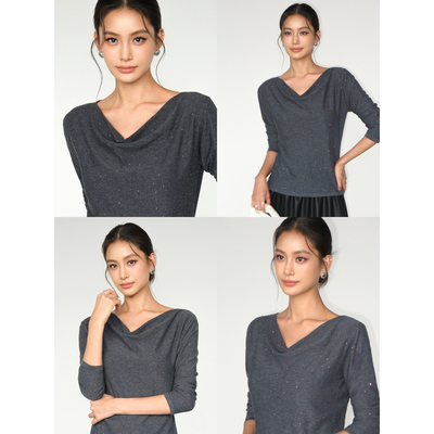 NEVA HU 松弛氛围 荡领长袖针织衫女慵懒风修身显瘦气质打底上衣