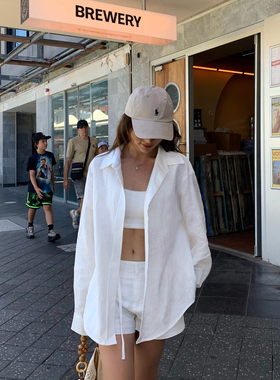 NEVA HU 苎麻衬衫三件套装女慵懒松弛感宽松长袖衬衣阔腿短裤长裤