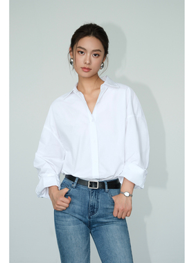 NEVA HU蓝色长袖衬衫女宽松2025新款韩版百搭衬衣设计感BF衬衣