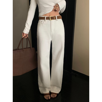 NEVA HU 晨雾山茶 白色全棉宽松阔腿牛仔裤女高腰垂感直筒长裤