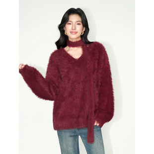 仿貂毛v领软糯毛衣女宽松气质飘带针织上衣 现货7折 NEVA