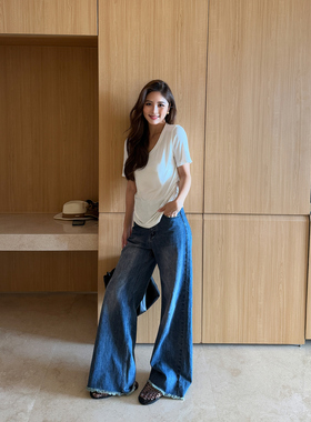 NEVA HU 深蓝色宽松阔腿牛仔裤女设计感复古毛边宽松百搭拖地长裤