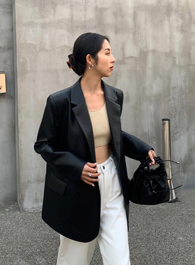 NEVA HU黑色西装皮衣外套女2025新款PU皮高级感炸街宽松休闲西服