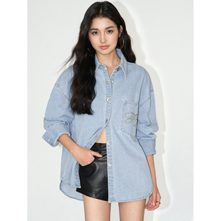 NEVA HU【现货6.5折】牛仔衬衫女宽松长袖衬衣外套绣花休闲上衣