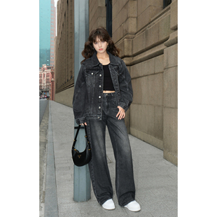牛仔外套女韩版 NEVA 黑灰色短款 现货7折 宽松休闲百搭夹克