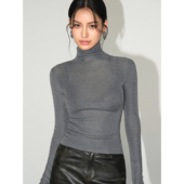 女春秋微透薄款 NEVA HU堆堆领透视感打底针织衫 内搭高领毛衣