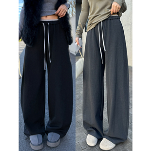 女松紧腰抽绳宽松休闲裤 NEVA 高腰磨毛直筒针织卫裤 松弛拿捏