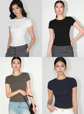 NEVA HU 白色修身短袖t恤女基础款圆领紧身百搭气质短款针织上衣