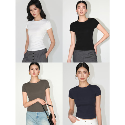 NEVA HU 白色修身短袖t恤女基础款圆领紧身百搭气质短款针织上衣