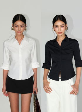 NEVA HU 自由新通勤 高级感黑色收腰衬衫女气质修身通勤中袖衬衣