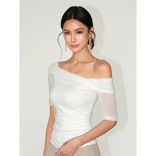 收腰短袖 NEVA 一字肩网纱拼接露肩上衣女气质修身 时髦猎手 T恤