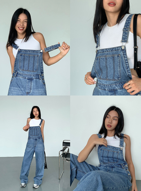 NEVA HU【现货6折】街拍企划 蓝色牛仔背带裤女高腰显瘦连体长裤