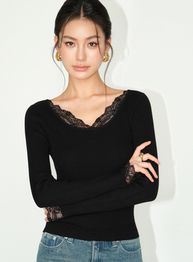 NEVA HU 黑色针织长袖打底衫女新款洋气内搭花边蕾丝拼接修身上衣