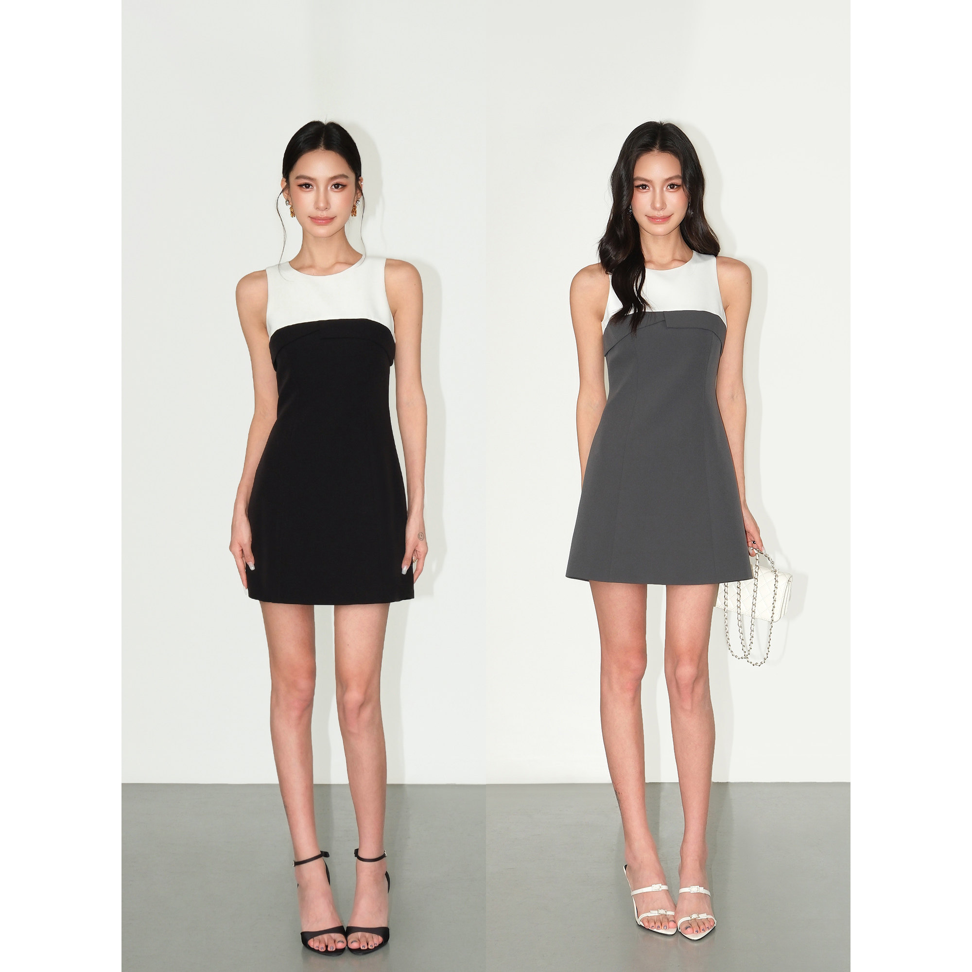 NEVA HU 知性佳人 高级感撞色拼接短裙女无袖收腰A字礼服连衣裙