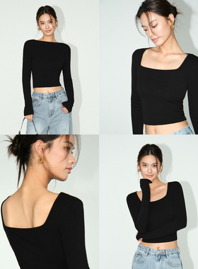 NEVA HU 两穿！黑色方领锁骨修身长袖针织衫女高腰短款打底上衣
