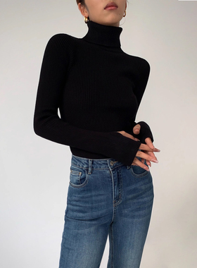 NEVA HU黑色高领紧身针织打底衫女2025新款韩版长袖毛衣内搭上衣