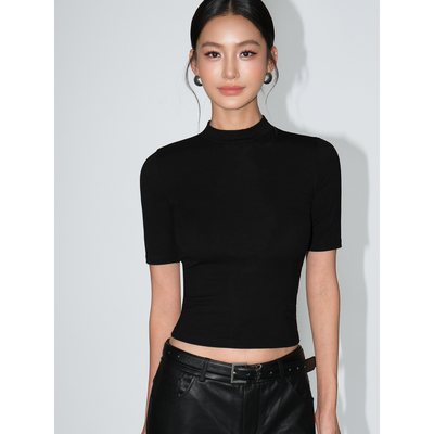 NEVA HU 率性outfit 半高领短袖t恤女半袖打底衫修身中袖针织上衣