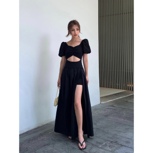 开叉连衣裙女小众设计长款 NEVA 黑色方领短袖 现货6.5折 裙子