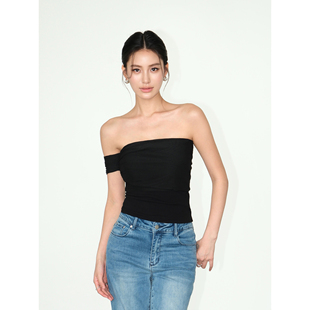 气质显瘦短款 NEVA 设计感修身 t恤女夏季 露肩上衣 HU黑色一字肩短袖