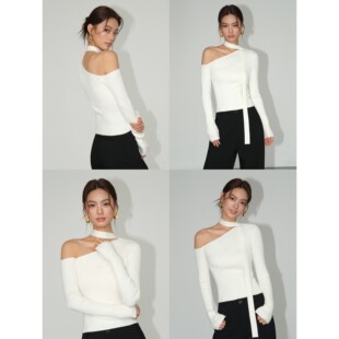 长袖 都市岛屿 女设计感飘带气质修身 单肩上衣 斜肩针织衫 NEVA