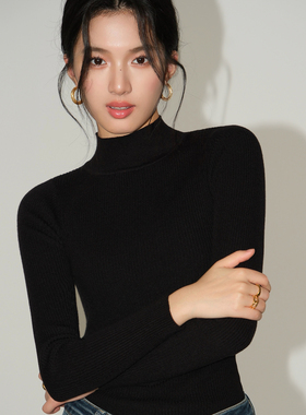 NEVA HU黑色半高领针织打底衫女2025春秋百搭长袖修身内搭上衣