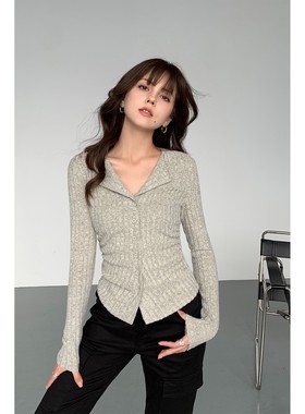 NEVA HUV 秋日狂想 小翻领坑条针织衫女v领修身气质收腰长袖上衣