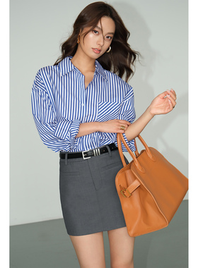 NEVA HU 蓝色条纹衬衫女宽松2025秋季韩版休闲设计感小众长袖衬衣