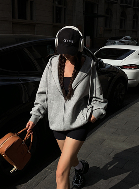 NEVA HU灰色拉链连帽卫衣外套女2025秋季新款宽松韩版慵懒风上衣