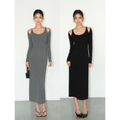 针织连衣裙女设计感小众镂空露肩气质修身 NEVA HU黑色长袖 裙子