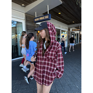 NEVA HU 潮汐象限 复古磨毛格子连帽衬衫外套女宽松休闲格纹衬衣