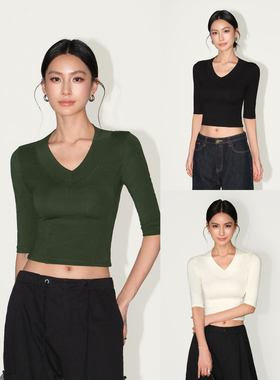 NEVA HU腔调辣妹 黑色V领中袖上衣女高级感短款修身五分袖正肩t恤