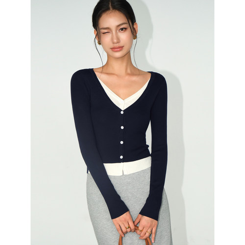 设计感修身内搭上衣撞色针织开衫