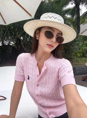 NEVA HU 黑色刺绣圆领麻花短袖针织开衫女复古百搭韩系气质上衣