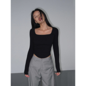 针织打底衫 NEVA 收腰显瘦上衣 黑色方领长袖 t恤女修身 魅力磁场