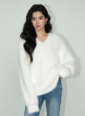 NEVA HU 黑色仿貂毛v领毛衣女秋冬慵懒宽松套头针织衫毛毛上衣