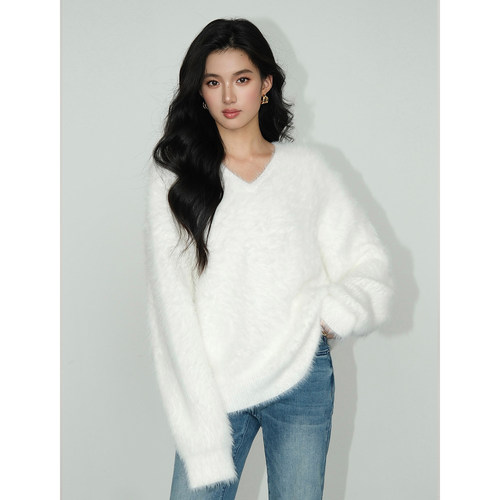 黑色仿貂毛v领毛衣女宽松针织衫