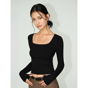 HU黑色方领长袖 修身 针织打底衫 新款 t恤内搭上衣 女2025秋季 NEVA