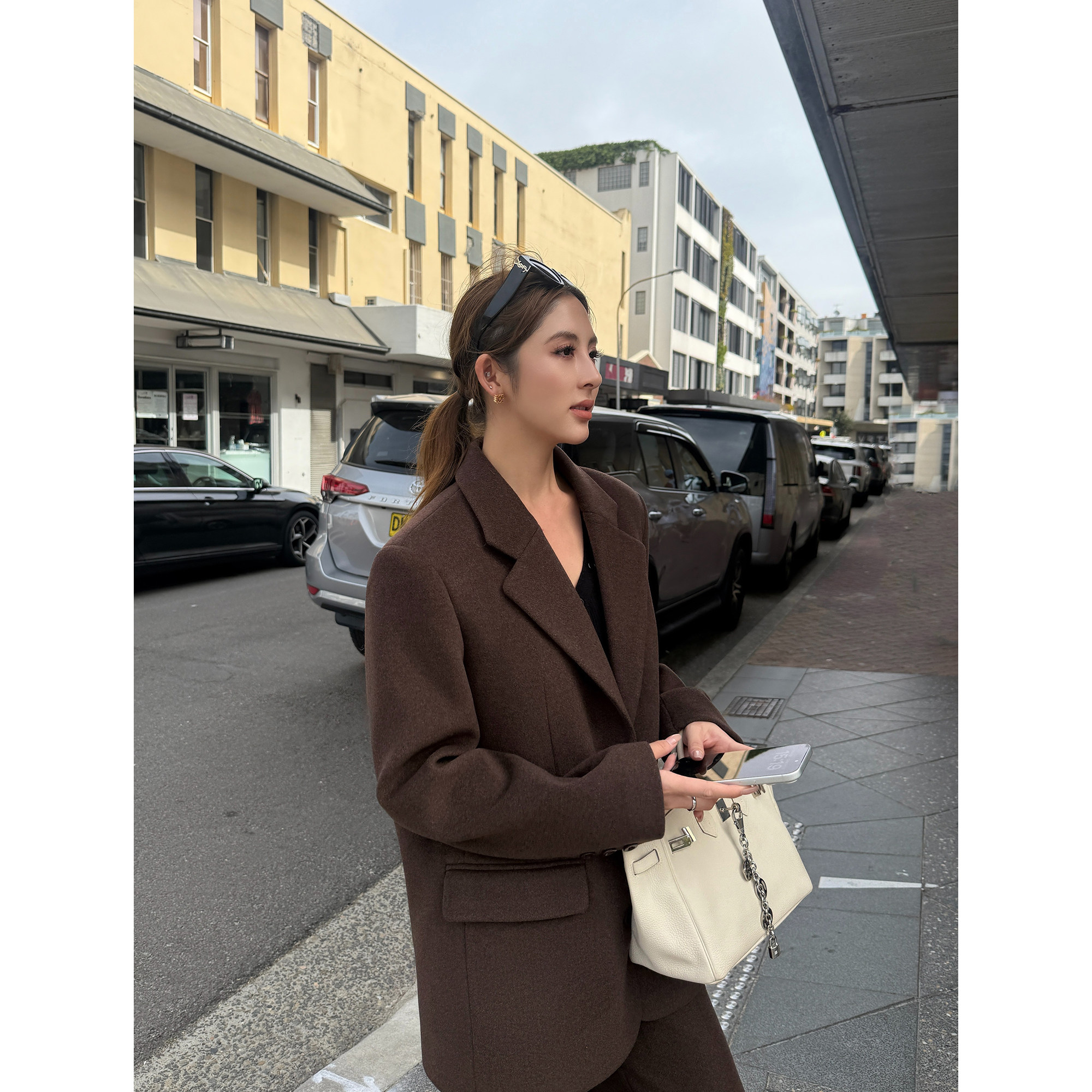 NEVA HU vintage叙事 复古毛呢西装外套女高级感宽松呢子西服上衣