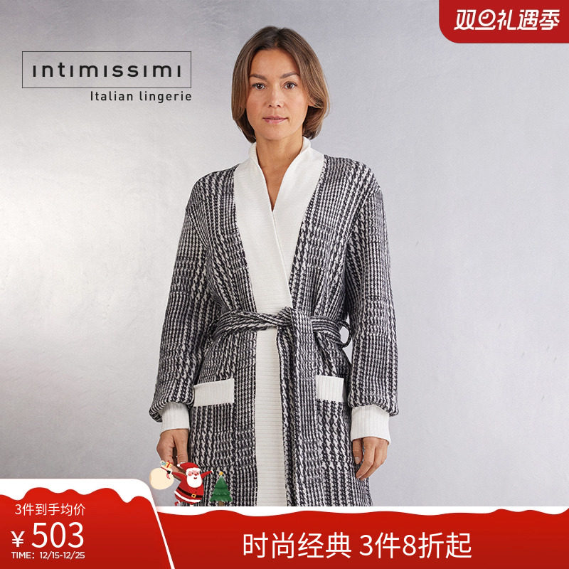 Intimissimi意舒漫女士时尚英伦风格纹针织晨袍长袖睡袍PVD946