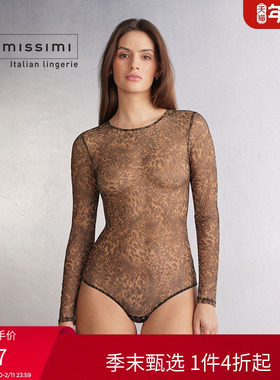 Intimissimi意舒漫性感豹纹印花薄纱拼接长袖连体衣BO2561B