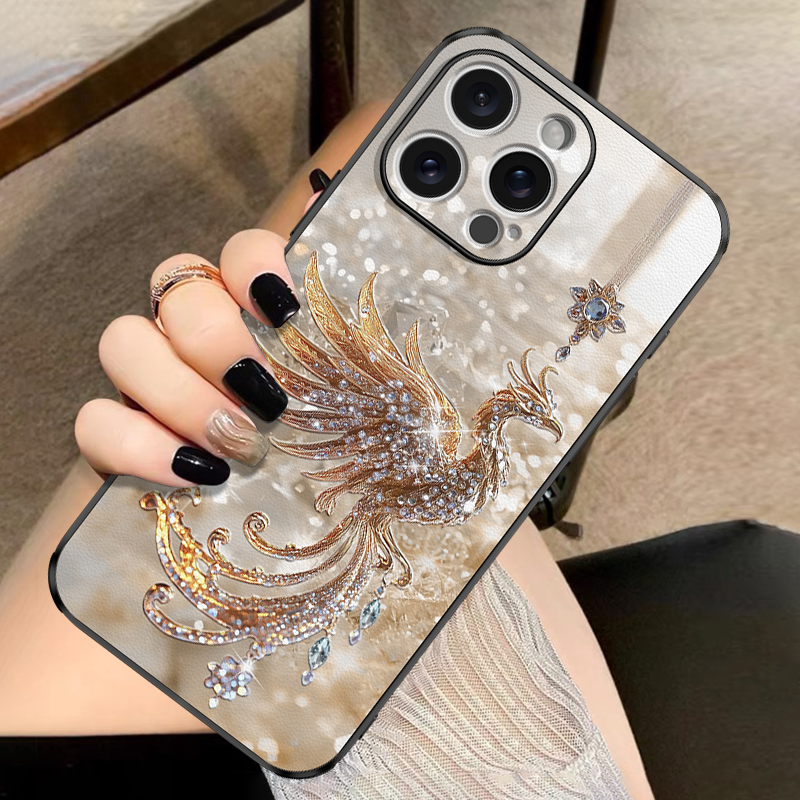 香槟金碎钻凤凰适用苹果16promax手机壳新款iPhone16pro镜头全包皮纹硅胶防摔套16plus高级感网红轻奢15潮牌