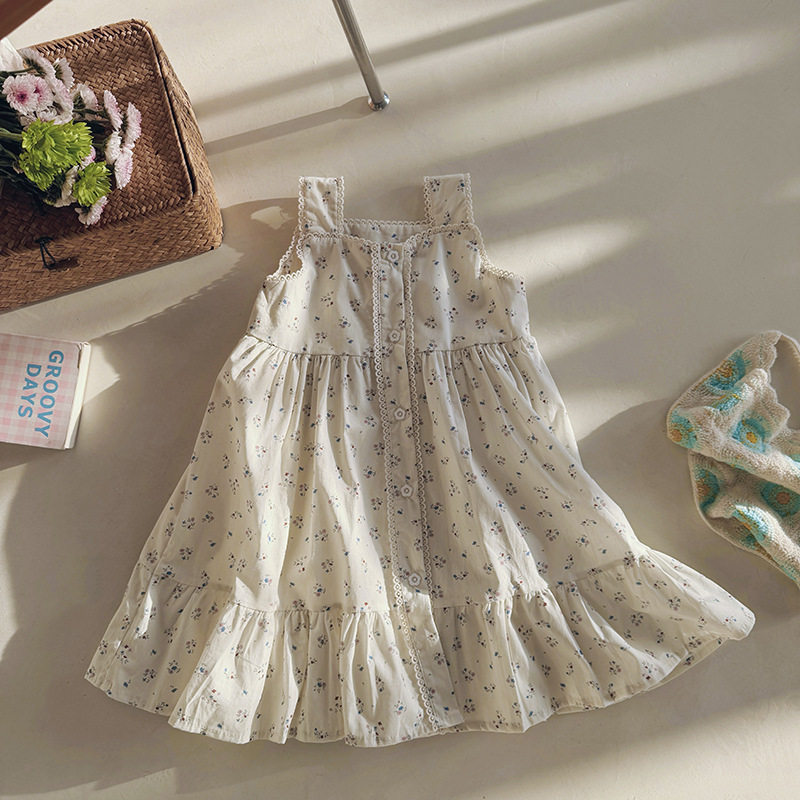 2026夏季法式复古蕾丝花边女童连衣裙童装韩版印花儿童背心裙