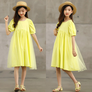 夏季新款女童中大童洋气纯棉泡泡袖短袖连衣裙甜美公主网纱裙子
